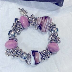 Beautiful stretchy purple art glass and Silver Beaded Bracelet #201